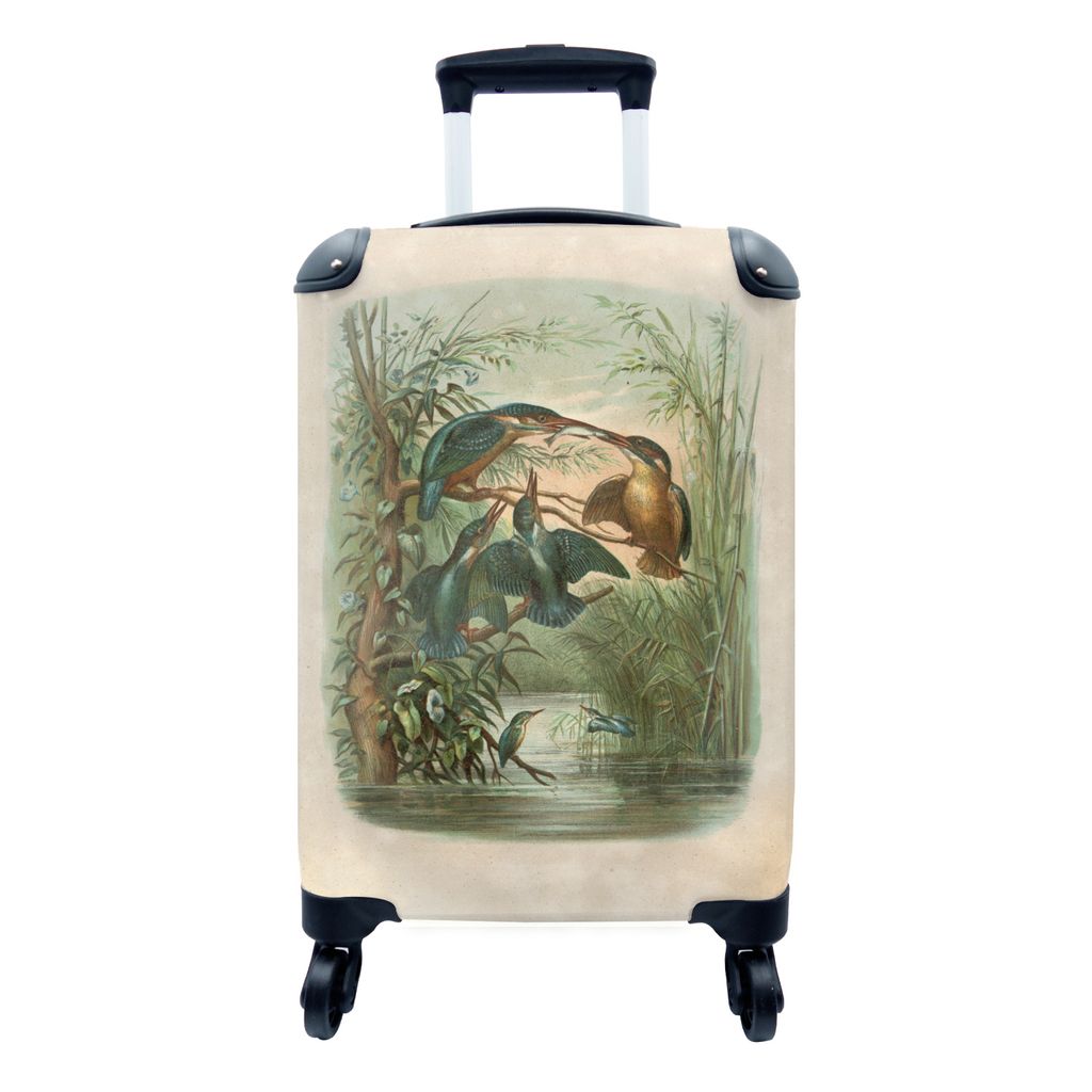MuchoWow Koffer Handgepäck Trolley Rollkoffer Kleine Reisekoffer mit 4 Rollen - Antiker Vogeldruck Eisvogel - Cabin Size < 55x40x23 cm & 55x40x2...
