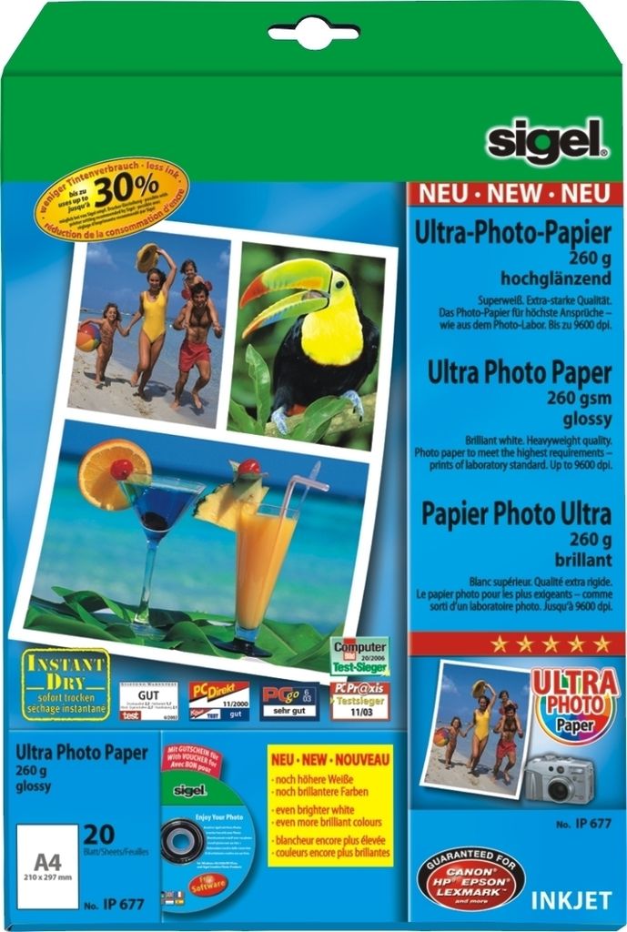 InkJet-Ultra-Photo-Papier A4 260g/qm hochglänzend 20 Blatt Packung mit 10 Stück