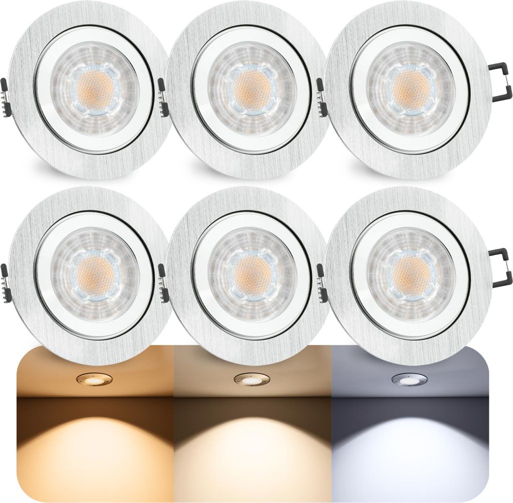 SSC-LUXon 6x RW-2 Einbauspot LED rund Lampe für Bad & Aussen in Alu gebürstet - inkl. tauschbarem GU10 LED LumiFLEX 5W drei Lichtfarben - Spot f...