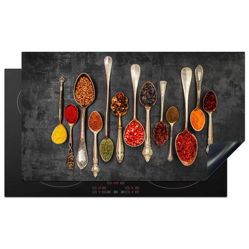 KitchenYeah Herdabdeckplatte Löffel - Beton - Kräuter - Gewürze , 89x51cm, Küche Deko, Glaskeramikkochfeld Herdabdeckung, Abdeckplatte fùr K...