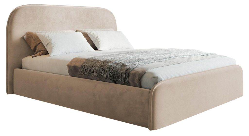 Doppelbett 140x200 cm Wendra Slim mit rundem Kopfteil - Bettkasten, Lattenrost, Samtstoff Beige