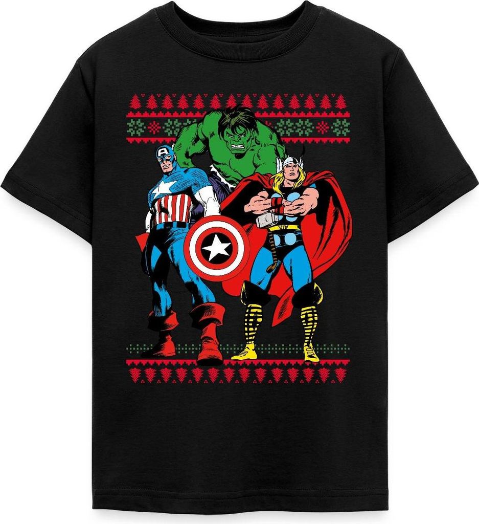 Spreadshirt Avengers Superhelden Weihnachtsmotiv Teenager T-Shirt, 134/146 (9-11 Jahre), Schwarz