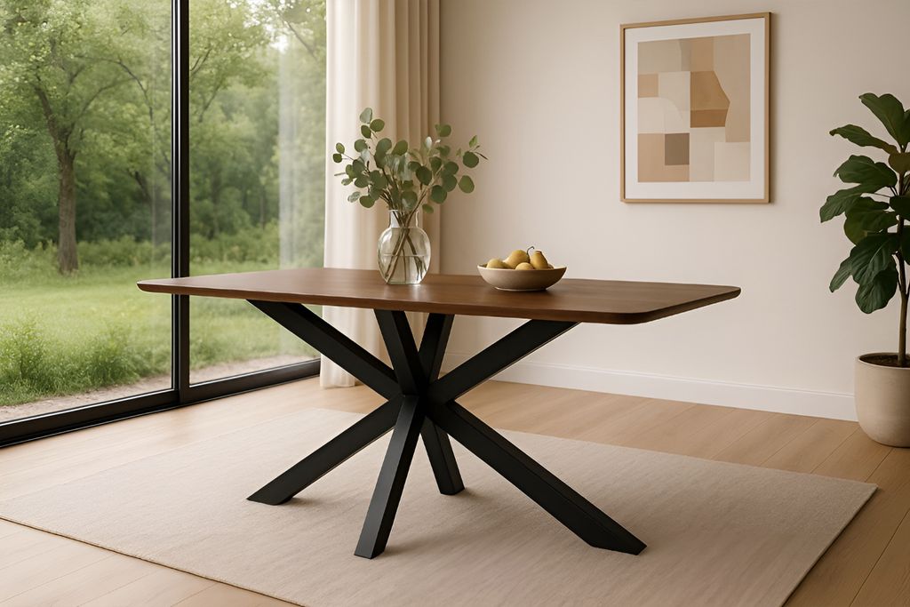Esstisch 160 x 85 cm Akazie kastanienfarbig Schweizer Kante & abgerundete Ecken Spider-Gestell schwarz ROBERTO