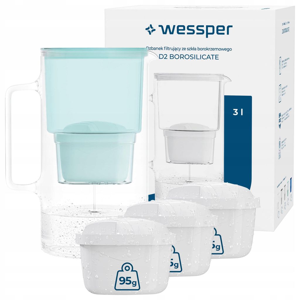 Wessper D2 BOROSILICATE Wasserfilterkanne 3 L Minze – Produktbild 