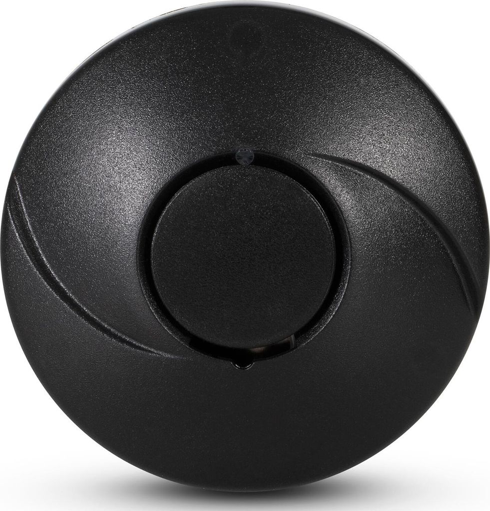 A close-up, top-down view of a black, circular smoke detector.