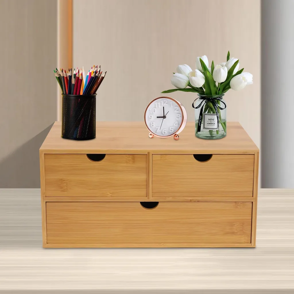 Organisateur de bureau en bambou - Petit meuble de rangement 3 tiroirs - 7