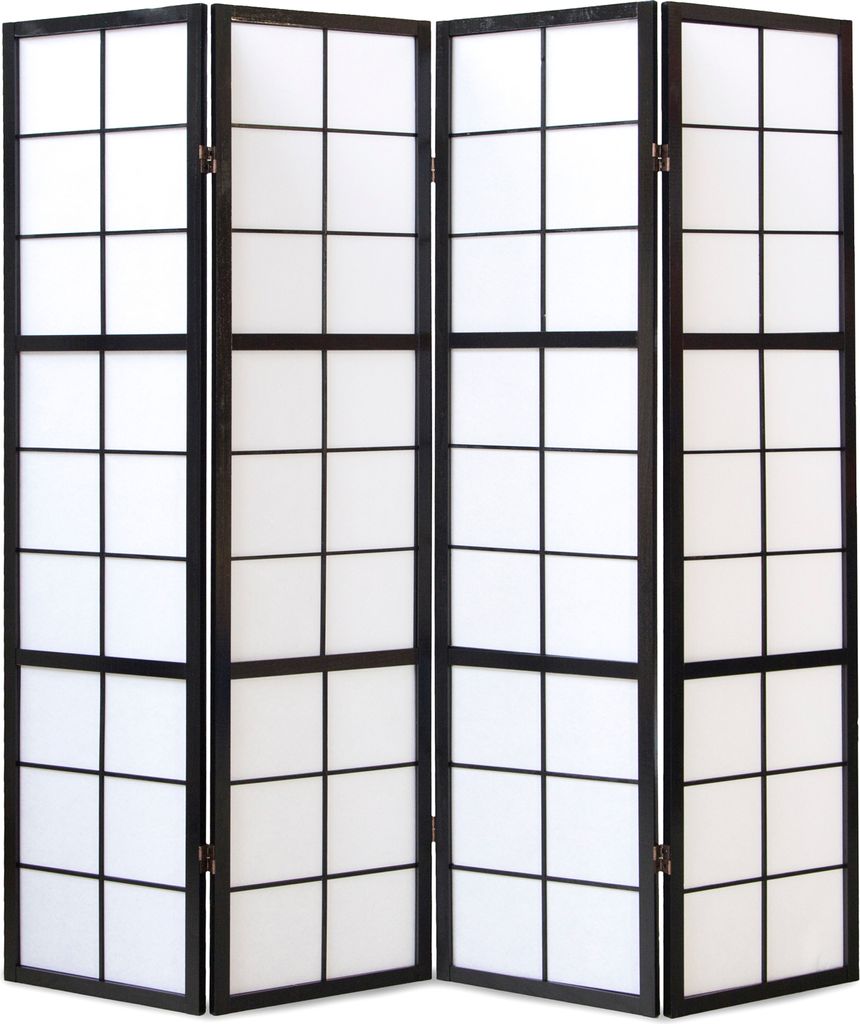 A four-panel room divider with a black frame and white rice paper inserts, arranged in a grid pattern.