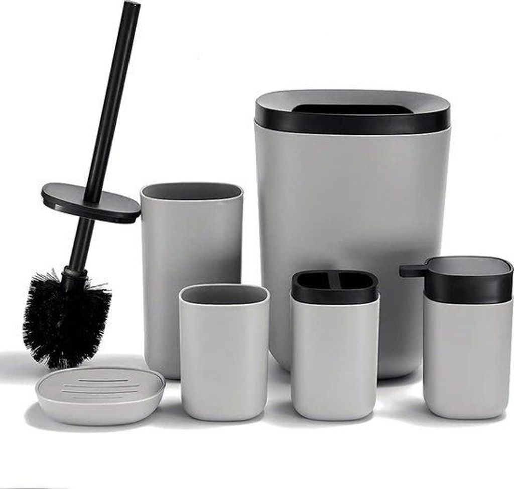 Badezimmer-Set 6-teilig grau mit Bürste, Becher, Mülleimer, Halter, Seifenspender