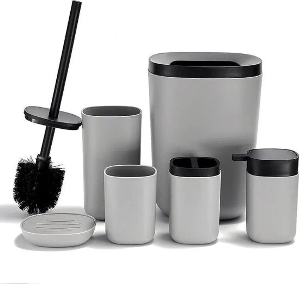 Ensemble de salle de bain 6 pièces gris complet avec poubelle et brosse