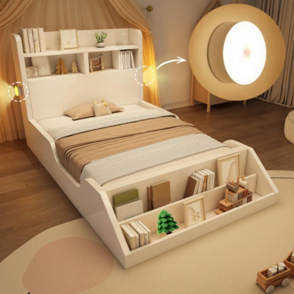 Kinderbett, Holzbett Einzelbett mit Ablageflächen, Nachtlichtern, abnehmbarem Bücherregal, Bettgestell mit Lattenrost 90x200 cm