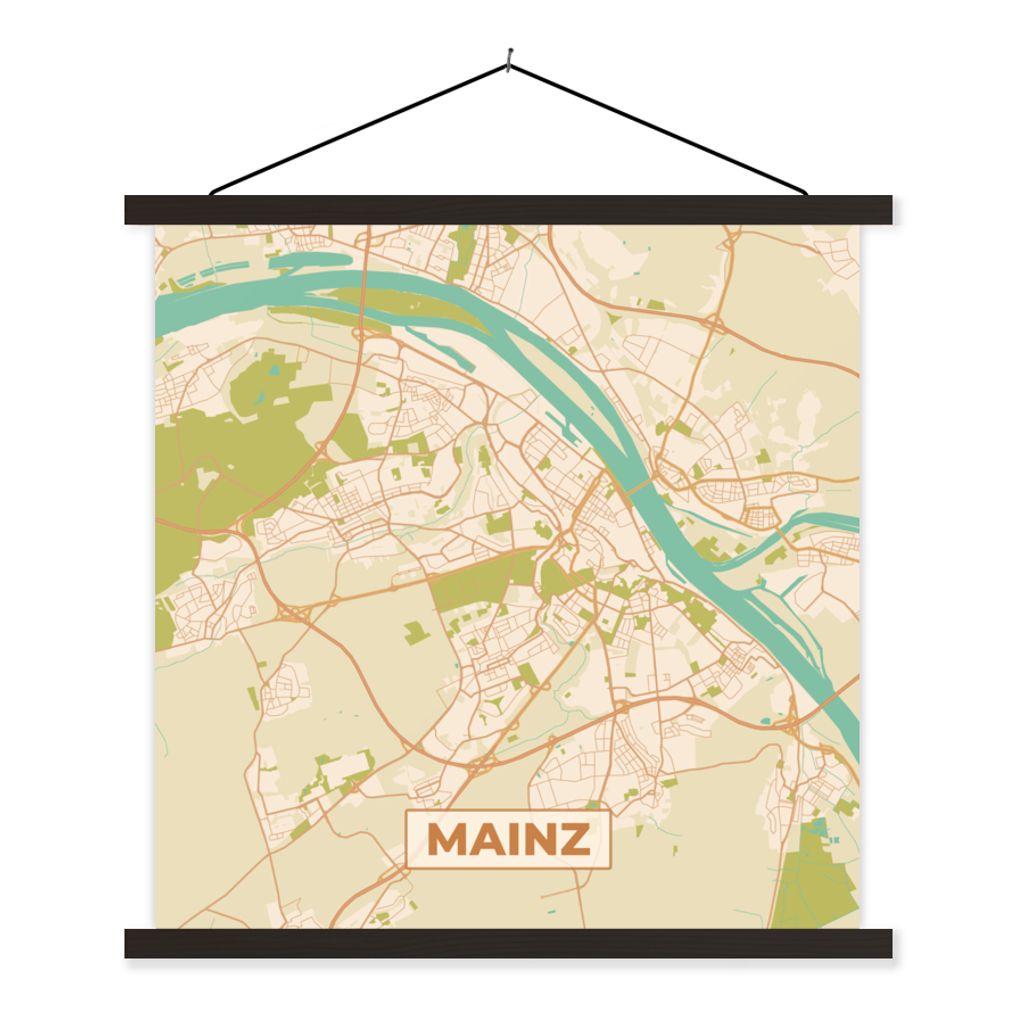 MuchoWow Textilposter Stadtplan - Mainz - Vintage - Stadtplan 60x60 cm mit schwarzem Rahmen - Posteraufhänger