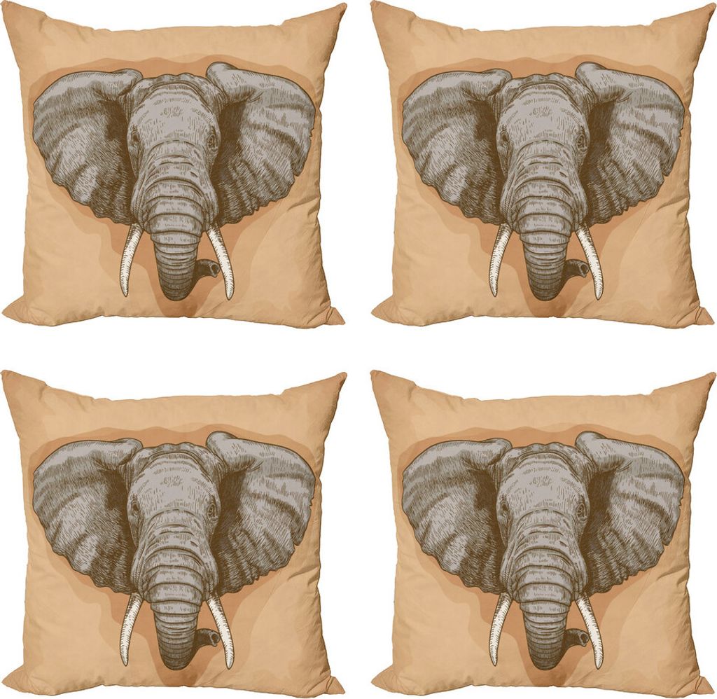 ABAKUHAUS Elefant Kissenbezug Set (4 Stück), Wilde Retro Elefanten, Moderner Doppelseitiger Digitaldruck, 60 cm x 60 cm, Almond Grau