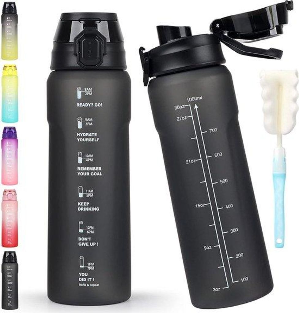 Sportflasche 1 L, mit Grasstiel und Trinkverschluss, zwei Trinkmethoden, leckgeschützte Sportflasche, BPA-freie Flasche für Fitnessstudio, Büro,...