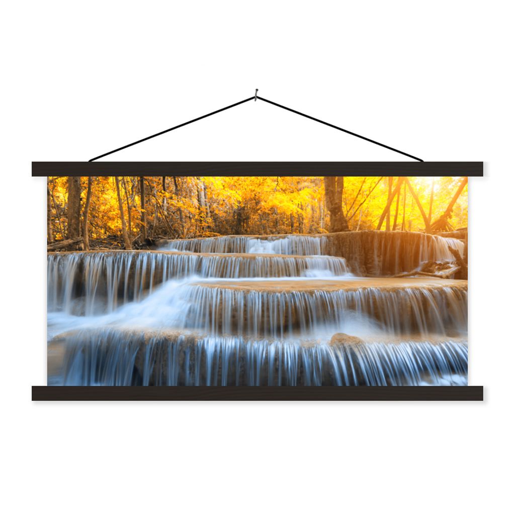 MuchoWow Textilposter Wasserfall - Natur - Bäume - Herbst - Landschaft 150x75 cm mit schwarzem Rahmen - Posterleiste