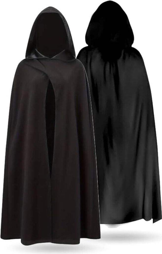 Two black hooded cloaks are displayed side-by-side against a white background.