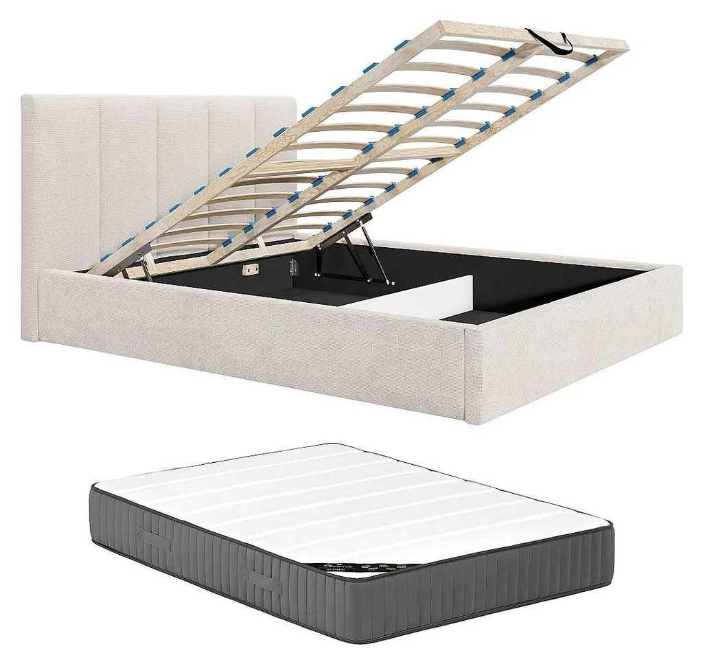 Bett mit Bettkasten 160 x 200 cm, Kopfteil mit vertikalen Nähten – Stoff – Beige – Mit Matratze – KILACLO