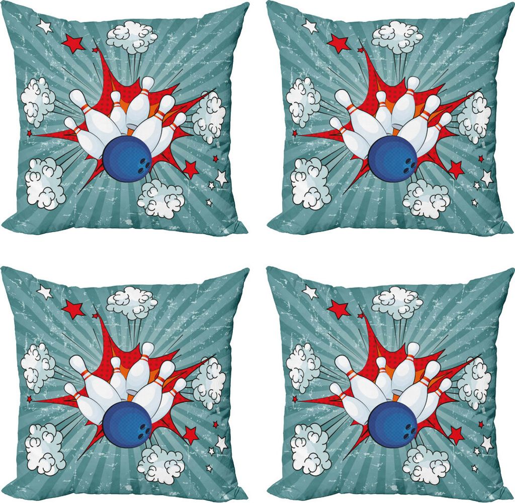 ABAKUHAUS Bowling-Party Kissenbezug Set (4 Stück), Retro Comic-Explosion, Moderner Doppelseitiger Digitaldruck, 45 cm x 45 cm, Mehrfarbig