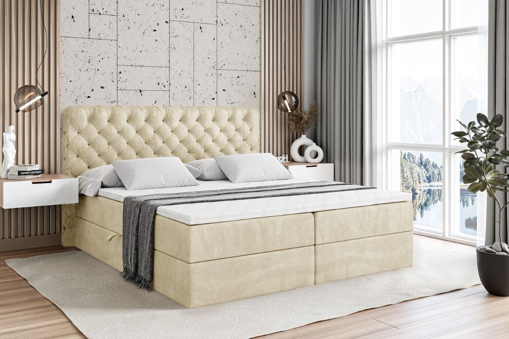 ALTDECOR Boxspringbett mit H3 Matratze und Topper - 180 x 200 cm - BOXI8 - Beige Samt - Polsterbett mit Bettkasten und Lattenrost, Bett mit Stauraum