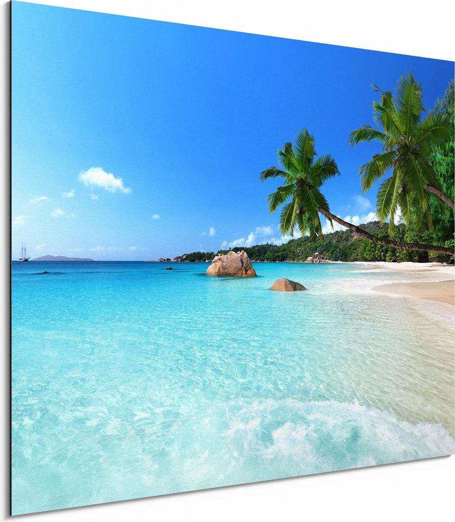 DEQORI Alu-Dibond Bild Weiß 40x30 cm 'Bilderbuchstrand' Wandbild Metall dünn Design
