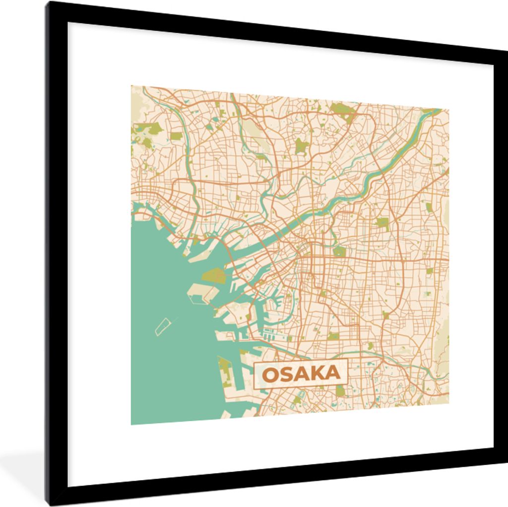 MuchoWow Gerahmtes Poster Karte - Osaka - Stadtplan - Vintage 40x40 cm - Poster mit Schwarzem Bilderrahmen Wandposter Rahmen Foto Bilder - Poster...