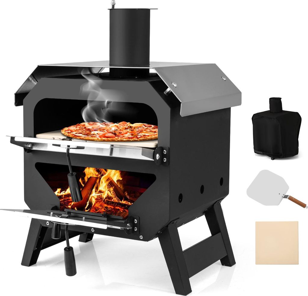 COSTWAY Outdoor Pizzaofen, Pizza Ofen mit Pizzaschaufel, Pizzastein, wasserdichter Abdeckung, Edelstahl-Dach & Griffen, Brennofen tragbar, Holzofen