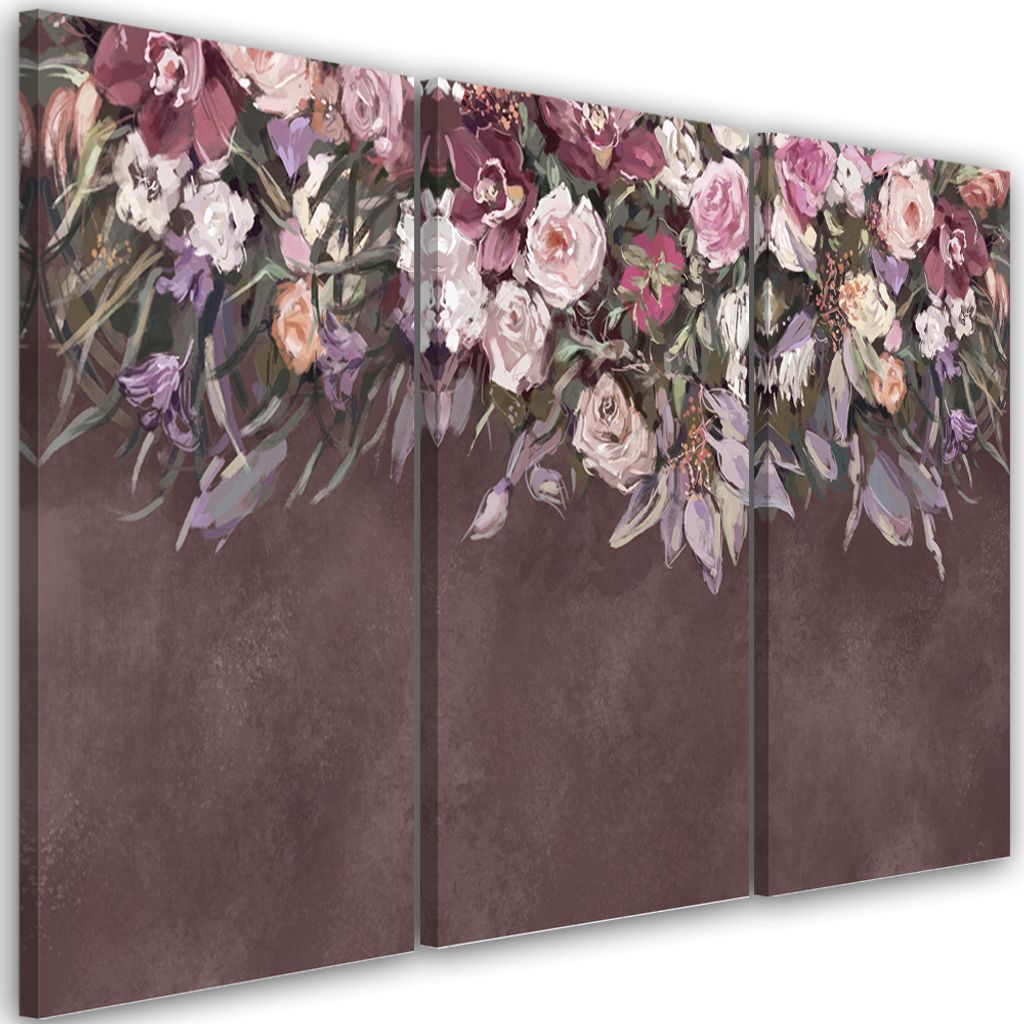 Triptychon auf leinwand überwucherte blumen 60x40 cm Feeby braun wandbild bereit zum aufhängen