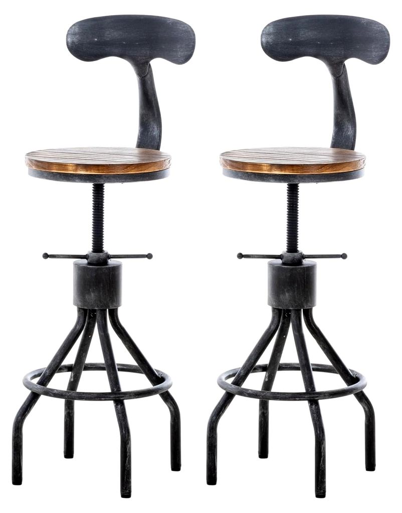 2er Set Barhocker Hanam im Industrial-Design I Höhenverstellbarer Metall-Barstuhl mit Holzsitz und Rückenlehne, Farbe: antik Silber