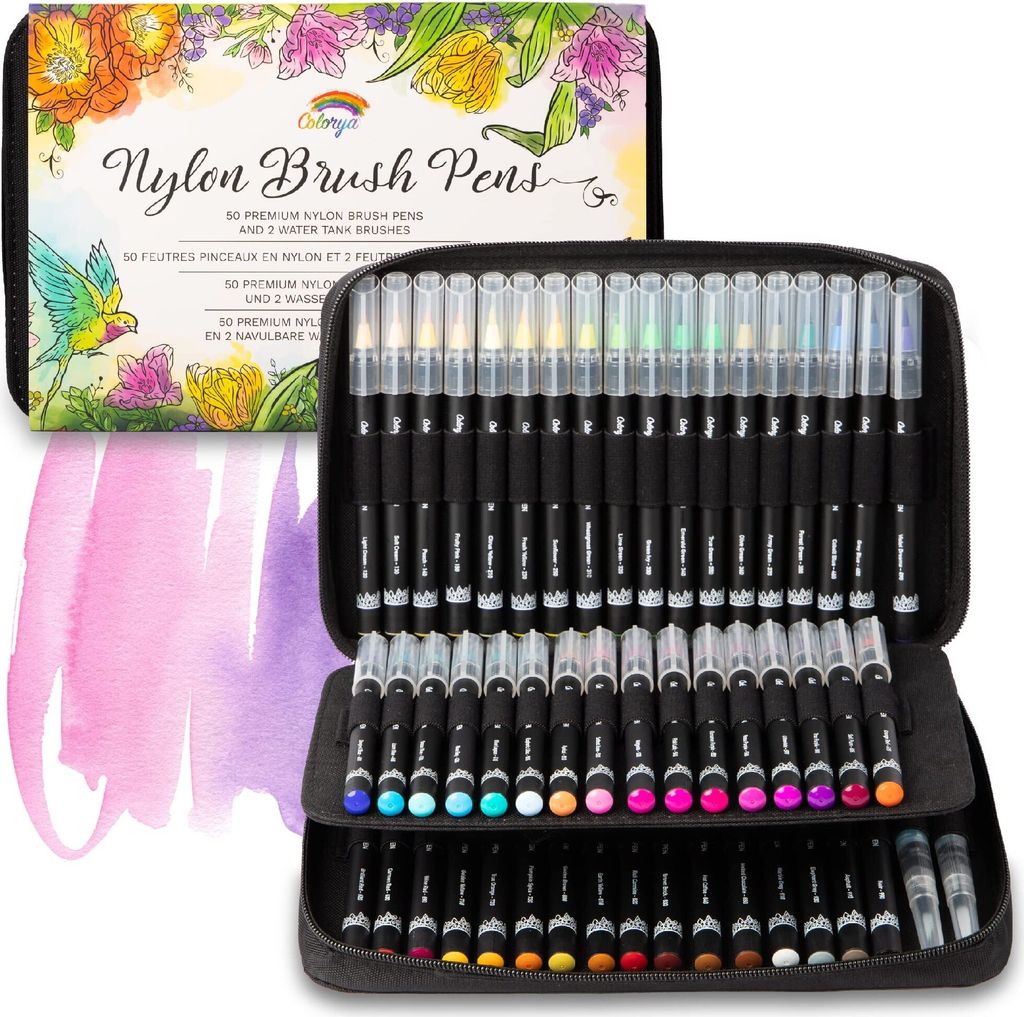 Brush Pen Set - 50er Pinselstifte Set von Colorya mit Nylonspitze + 2 Wassertankpinsel und Tragetasche, Perfekt für Malbücher für Erwachsene, als Handlettering Stifte für Kalligraphie, Manga Stifte