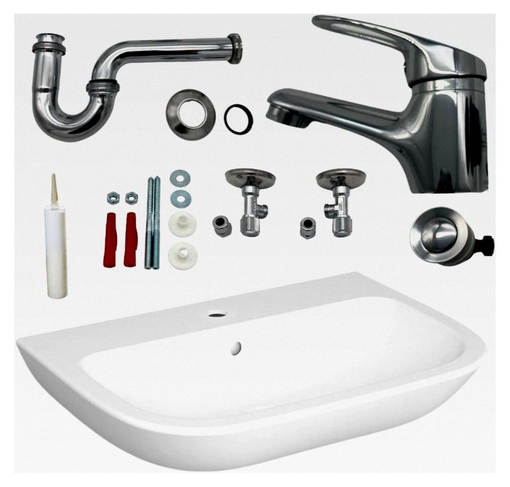 Waschbecken 60 cm Set mit Waschtischarmatur und Siphon