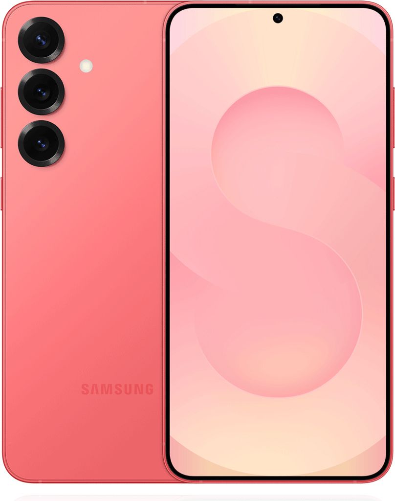A coral-colored Samsung smartphone is shown from the back and front, with the screen displaying a pink and white abstract design.