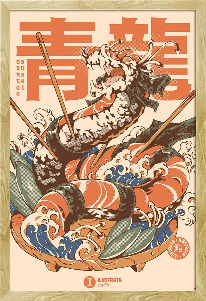Cadre Amovible Hêtre et Poster Dragon Sushi Ilustrata Vitre Acrylique