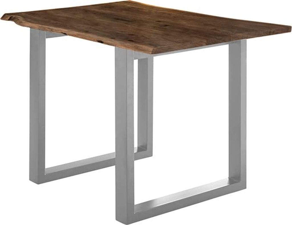 Esstisch 120x80 cm Lubin, Akazienholz nussbaumfarben, Massiver Esszimmertisch mit echter Baumkante, Baumkantentisch mit U-Gestell Silber, 26 mm Tis...