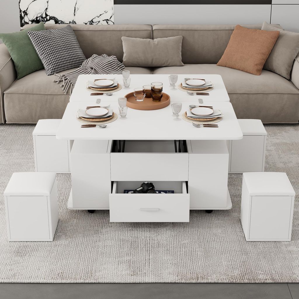 Couchtisch Höhenverstellbar, mit Schubladen und 4 Hockern, Beweglicher Sofatisch, Umwandelbar in Wohnzimmer-Esstisch, Beistelltisch, Kaffeetisch, ...