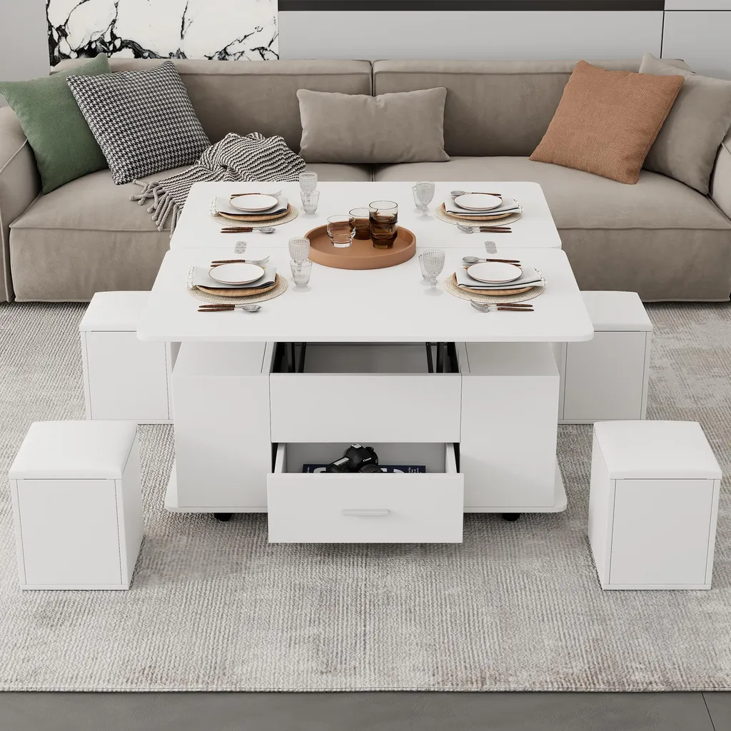 Sweiko Table Basse Réglable en Hauteur et Mobile avec 4 Tabourets Blanc - 3
