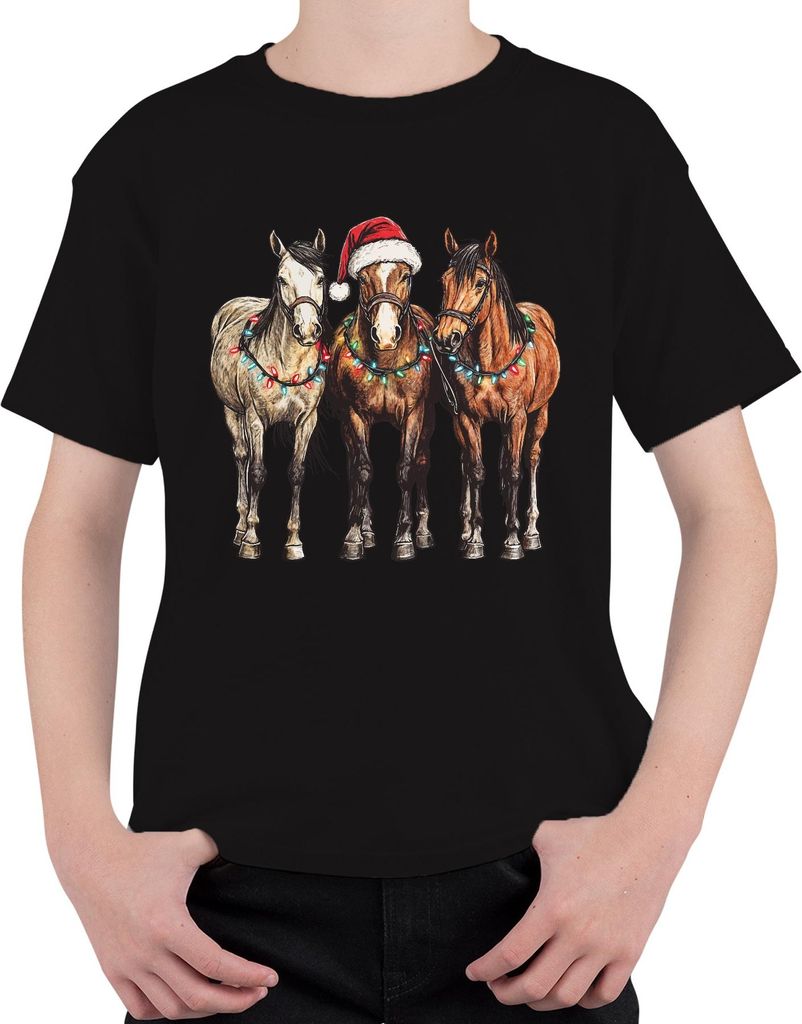 Weihnachtspferde Lichterkette Santa Hut Pferdeliebhaber Western Uni Kinder T-Shirt, Schwarz, 116