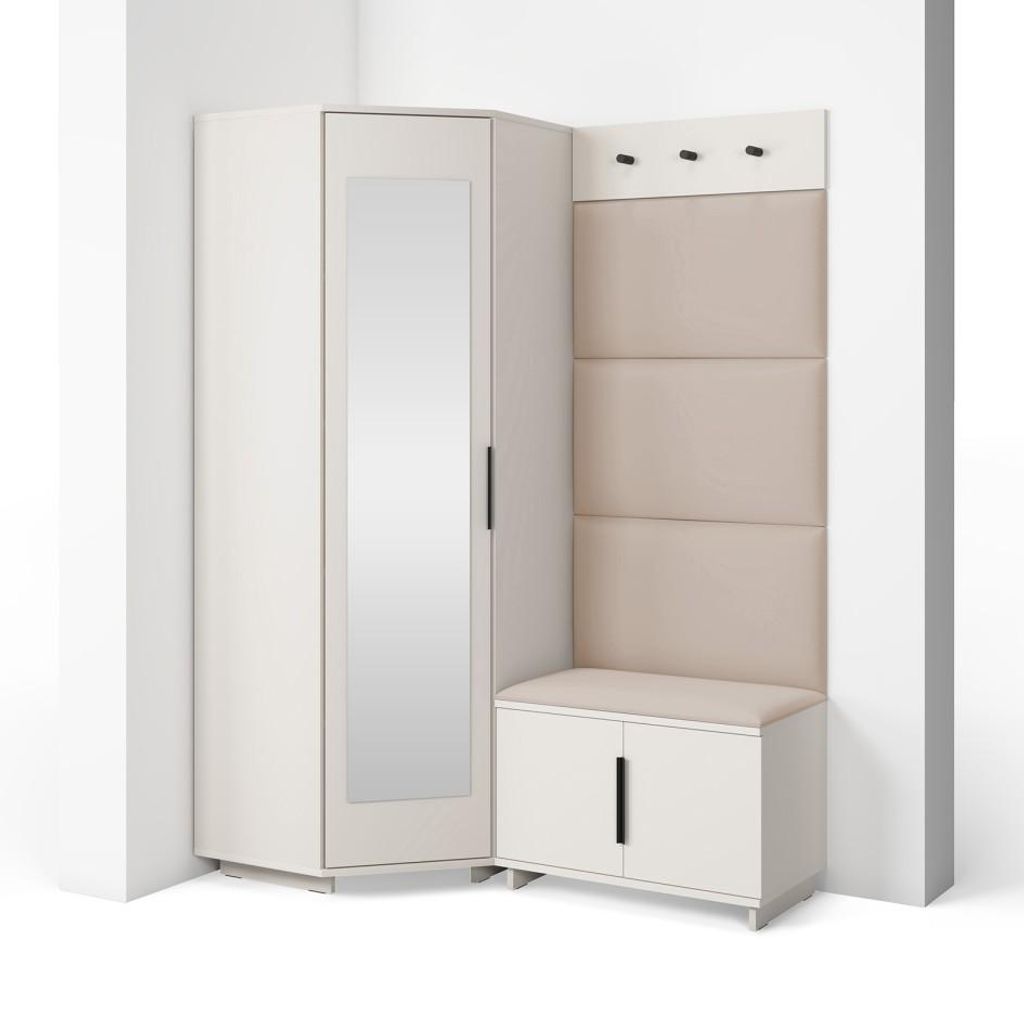 Garderoben-Set Napoli Version 17: Eckschrank mit Polsterpaneelen, Schuhschrank und Schrankaufsatz Flur und Eingangsbereich (Cashmere/Trinity 02)