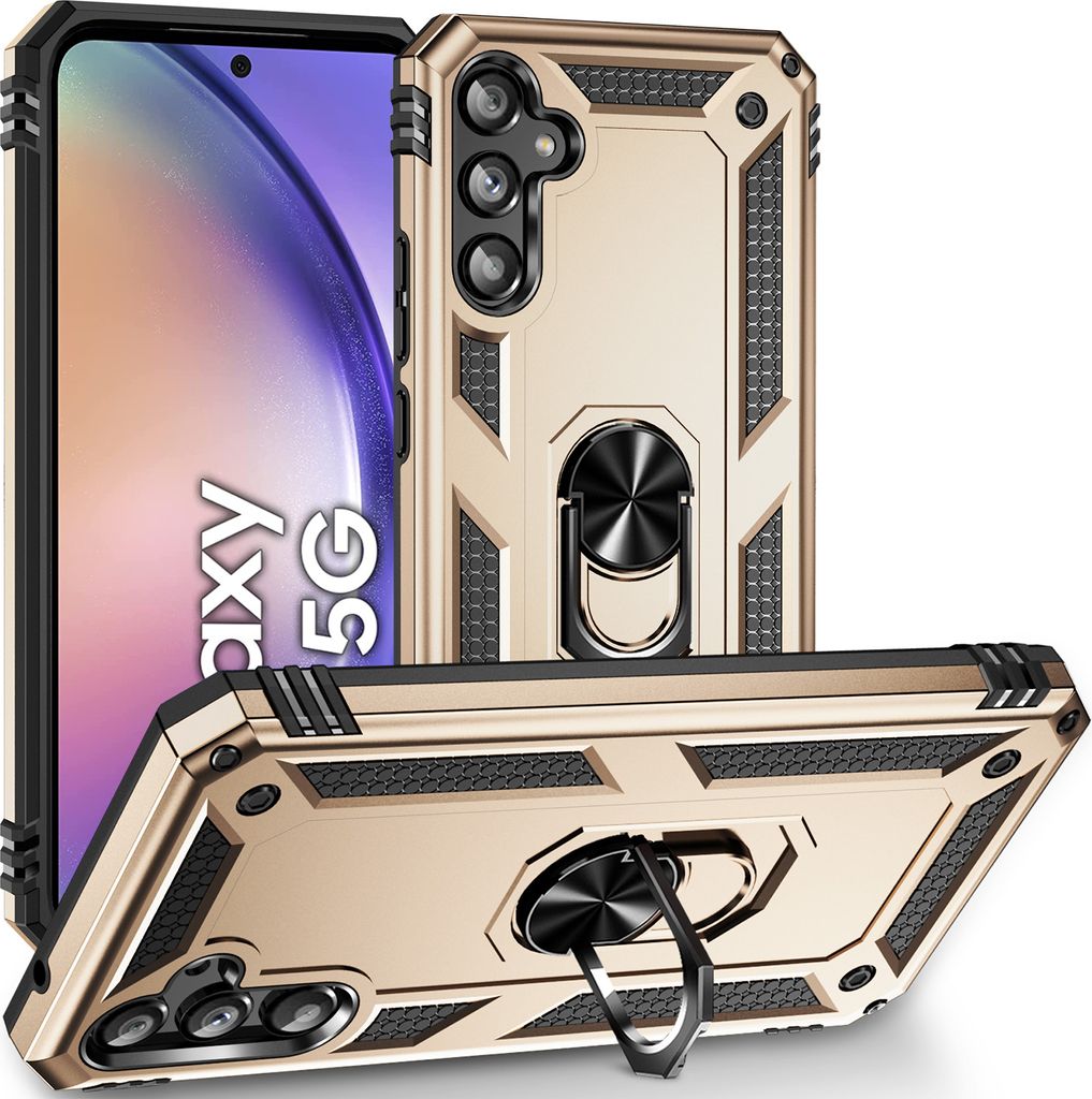 Schutzhülle für Samsung Galaxy A54, Dual Layer Robust Militäre Fallschutz Hülle mit Ringhalterung Ständer Gold