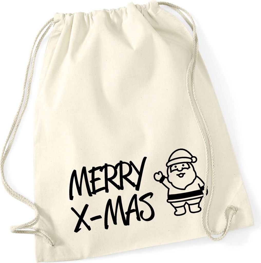 Huuraa Turnbeutel Merry X-Mas Weihnachtsmann 12 Liter Natural Baumwolle Rucksack Geschenkidee