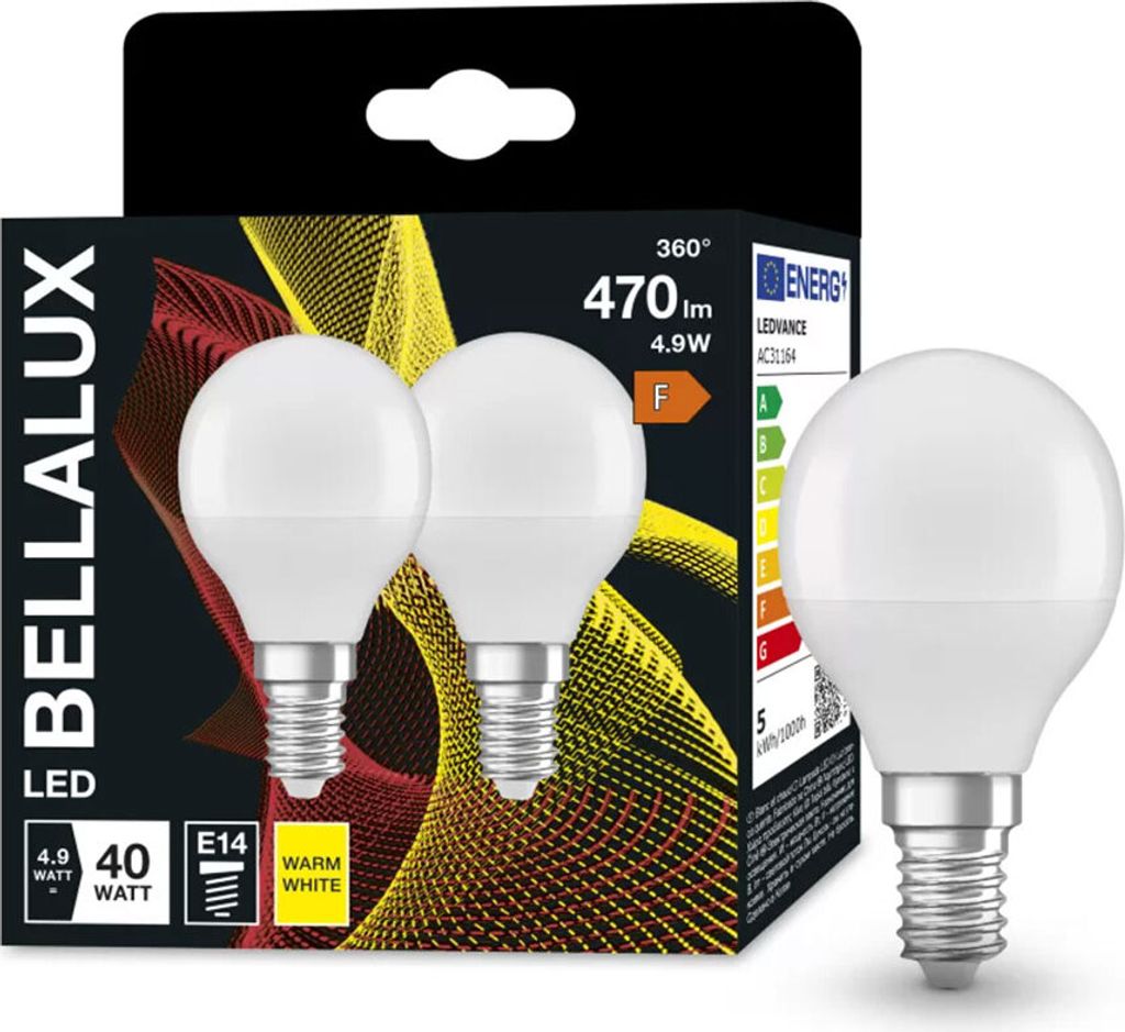 2 x Bellalux LED Leuchtmittel Classic P45 Tropfen 5,5W = 40W E14 matt 470lm warmweiß 2700K