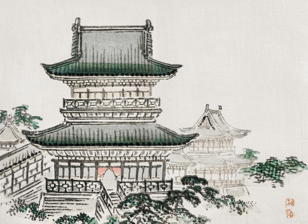 Plakat 55x40cm Japanische Architektur, Bairei Japanisches Vintage für das Wohnzimmer