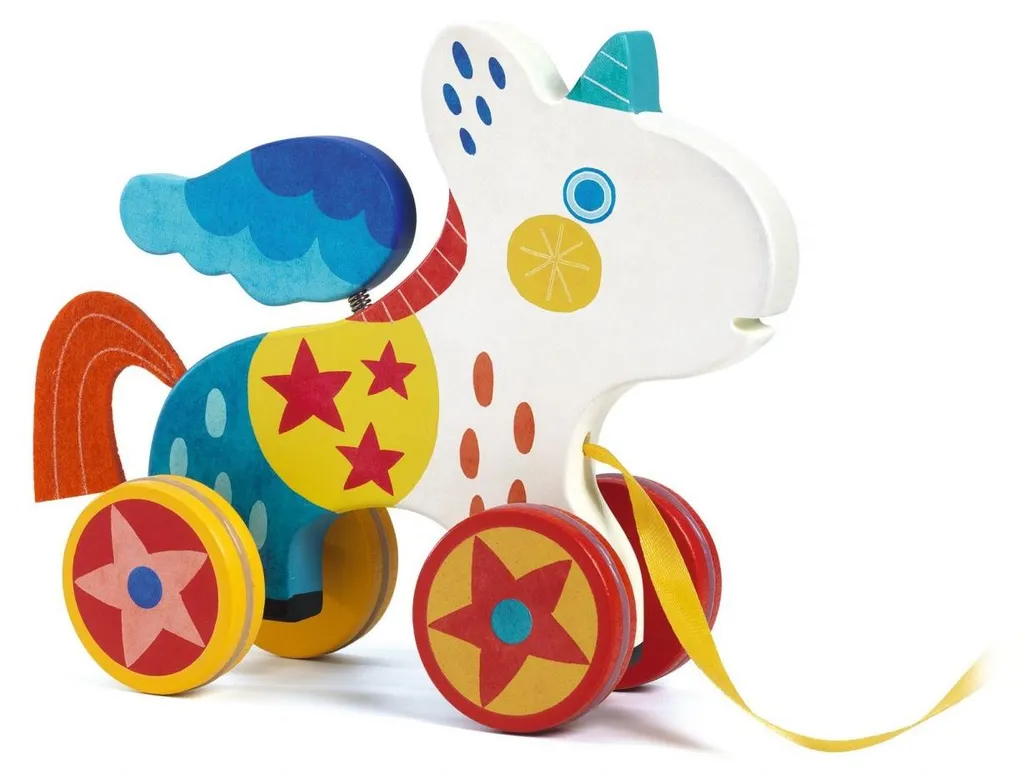 Licorne à tirer Djeco en bois massif : roues silencieuses et design doux