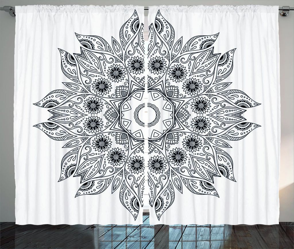 ABAKUHAUS Blumen Rustikaler Gardine, Mandala Schwarz Weiß, Schlafzimmer Kräuselband Vorhang mit Schlaufen und Haken, 280 x 175 cm, Weiß Schwarz