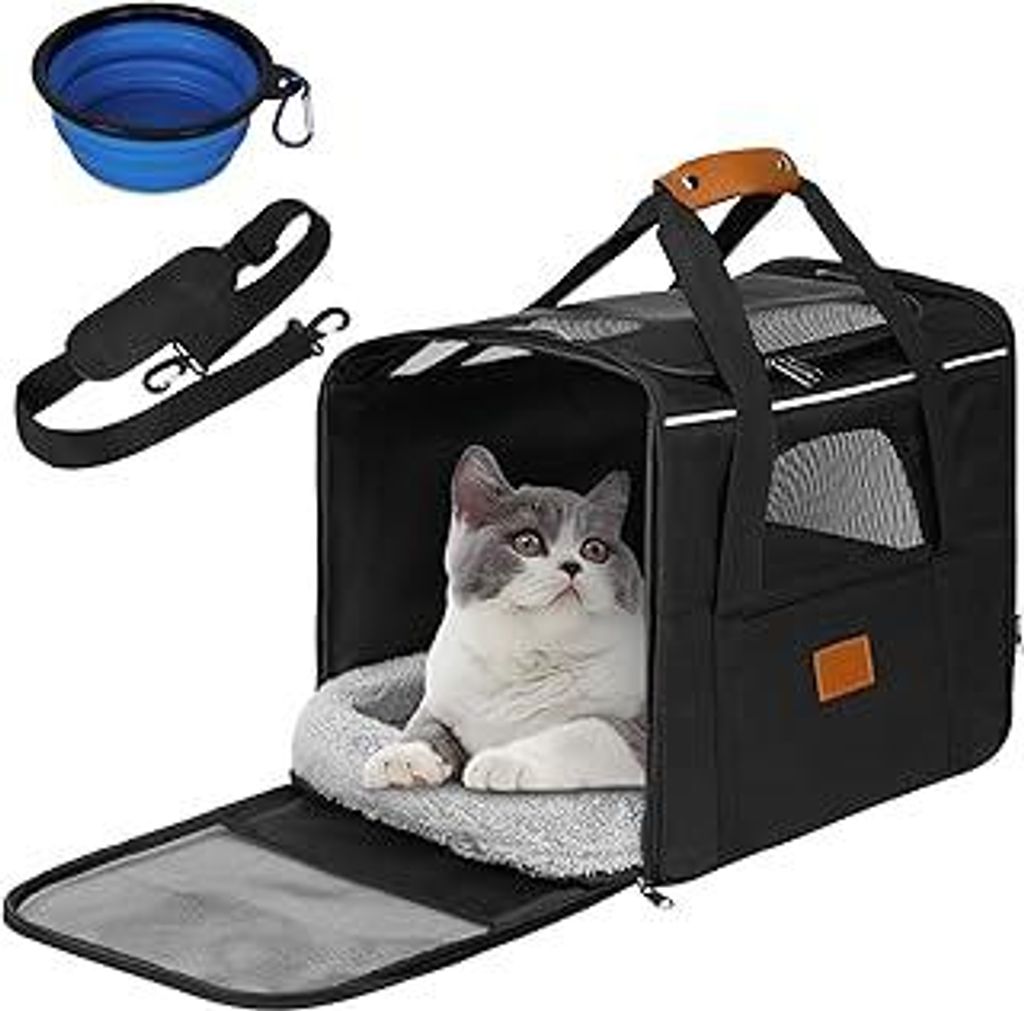 Katzentragetasche,Katzen Transportboxen Mit Verstellbarem Schultergurt,Atmungsaktive Hundetasche Transportbox mit Faltbare Schale und Weiches Kisse...