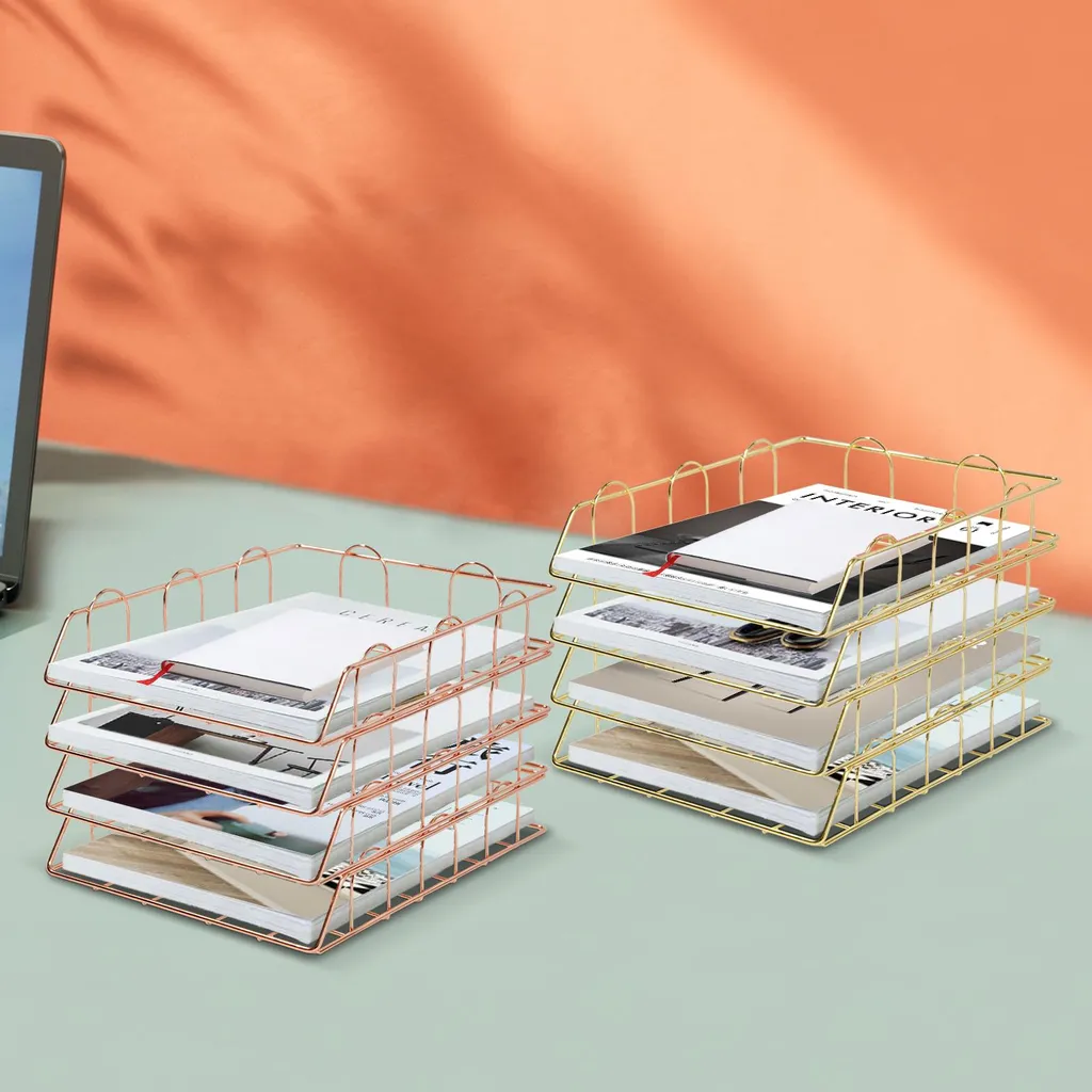 Rangement de documents doré design empilable en métal pour bureau chic - 2