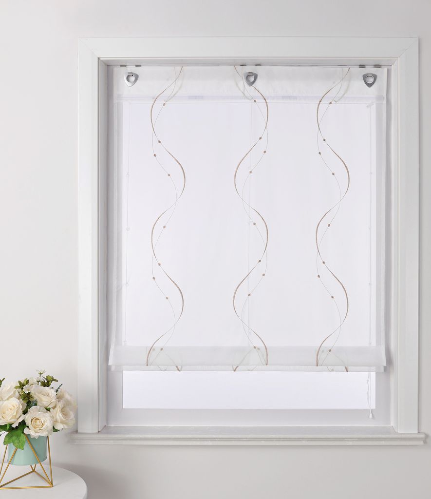 Joyswahl Raffrollo ohne Bohren Hakenaufhängung Ösenrollo mit gesticktem Wellenperlenmuster Stickerei BxH 100x140 cm Beige 1 Stück