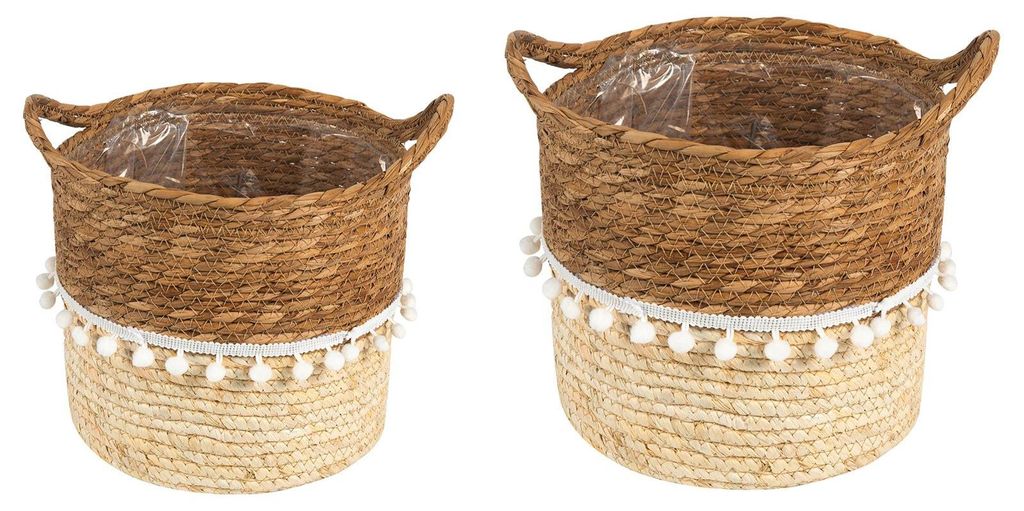 Pflanzkorb LINI 2er Set aus Seegras braun/natur - Übertopf, Aufbewahrungskorb geflochten, Folieneinsatz, Boho Korb, Wohnzimmer, Badezimmer