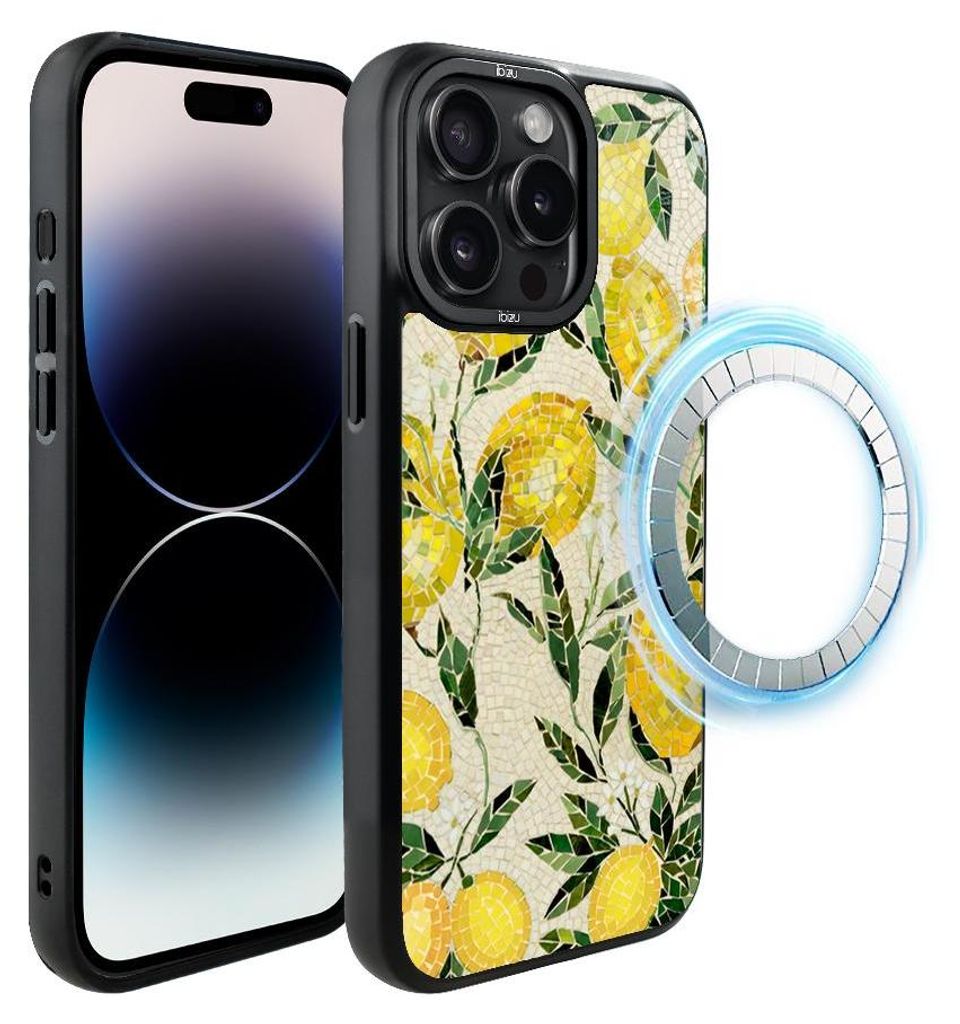 Schutzhülle für das iPhone 14 Pro Max, MagSafe-kompatibel, mattschwarze Seiten, Obst, Zitronen, Mosaik