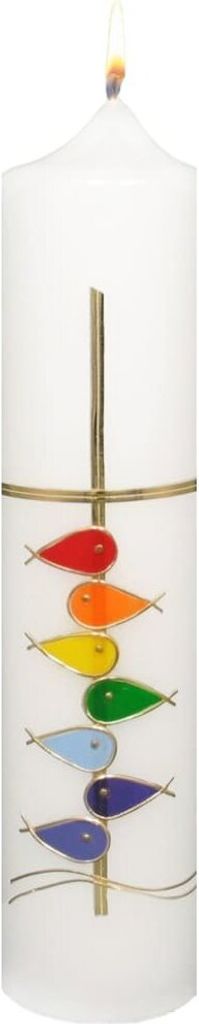 Taufkerze 265 x Ø 60 mm in Weiß Kreuz, Fische bunt, Produktbild 