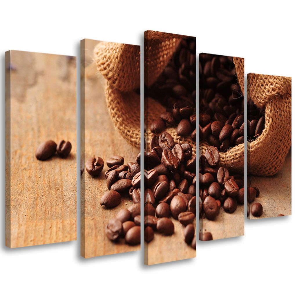 5-teiliges leinwandbild kaffeebohne 100x70 cm Feeby braun wandbild bereit zum aufhängen