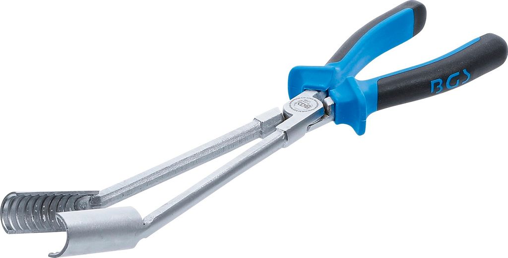 A pair of long-nosed pliers with blue and black handles, designed for spark plug removal.